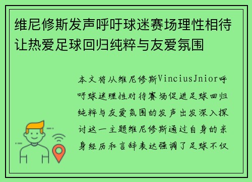 维尼修斯发声呼吁球迷赛场理性相待让热爱足球回归纯粹与友爱氛围